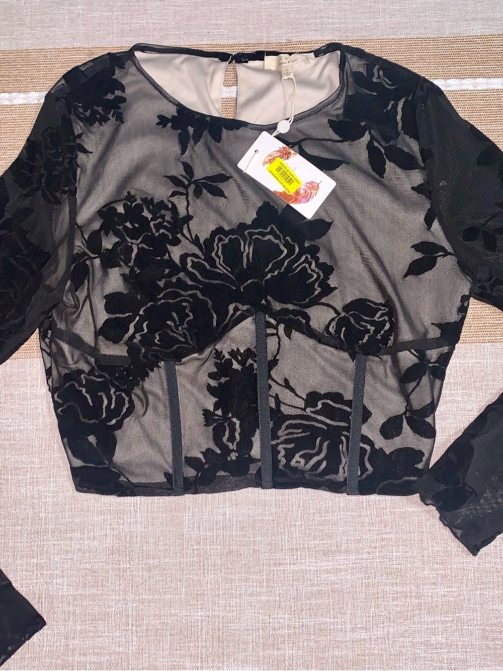 Chelsea & Violet Black Floral Sheer Mesh Long-Sleeve Crop Top